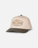 Salty Crew Tailfin Snapback Cap in Off White/Green front view showing the structured two-tone six-panel crown contrasting green protective visor bill and clean custom tailfin marine brand logo patch layout, sold by Point Break Cambridge local family surf shop at 63 Duke street.