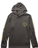A charcoal gray hooded sunshirt for boys with long sleeves, featuring the Salty Crew brand logo on the chest and additional branding on the sleeves.