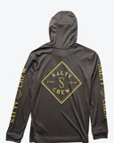 Back view of the youth Salty Crew Tippet hooded sunshirt displaying the signature back fish graphic and relaxed sun hood.