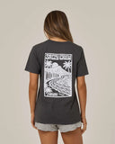 Salty Crew Womens Aloha Breeze Boyfriend Tee in Charcoal grey back view showing the bold custom aloha breeze marine graphic motif screen print layout and relaxed straight lower hemline drape, sold by Point Break Cambridge local family surf shop at 63 Duke street.