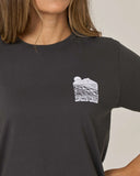 Salty Crew Womens Aloha Breeze Boyfriend Tee in Charcoal grey close up view highlighting the premium soft cotton weave fabric texture crisp graphic print borders and stitched brand clamp label, sold by Point Break Cambridge local family surf shop at 63 Duke street.