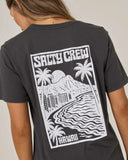Salty Crew Womens Aloha Breeze Boyfriend Tee in Charcoal grey close up view highlighting the premium soft cotton weave fabric texture crisp graphic print borders and stitched brand clamp label, sold by Point Break Cambridge local family surf shop at 63 Duke street.