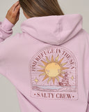 Salty Crew Womens Celestial Sun Hoodie in Pale Orchid pastel purple close up view highlighting the premium soft cotton weave vintage washed fleece texture kangaroo pocket borders and stitched brand clamp label, sold by Point Break Cambridge local family surf shop at 63 Duke street.