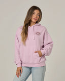Salty Crew Womens Celestial Sun Hoodie in Pale Orchid pastel purple front view showing the comfortable oversized pullover silhouette protective attached hood lines and clean celestial sun logo chest screen print, sold by Point Break Cambridge local family surf shop at 63 Duke street.