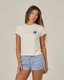 Salty Crew Womens Crabby Modern Tee in Off White cream front view showing the comfortable relaxed short sleeve crewneck tee silhouette and small custom chest screen print logo, sold by Point Break Cambridge local family surf shop at 63 Duke street.