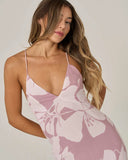 Salty Crew Womens Graphic Bloom Dress in Faded Mauve pastel purple close up view highlighting the premium soft cotton weave fabric texture crisp graphic print borders and stitched brand clamp label, sold by Point Break Cambridge local family surf shop at 63 Duke street.