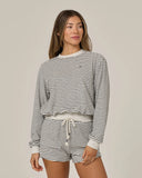 Salty Crew Womens Leeward Crew in Light Heather grey front view showing the comfortable ribbed crew neck athletic pullover silhouette layout and minimalist marine brand graphic logo chest print, sold by Point Break Cambridge local family surf shop at 63 Duke street.