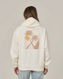 Salty Crew Womens Moon Wake Hoodie in Off White cream back view showing the bold custom moon wake motif graphic screen print layout and relaxed straight lower hemline drape, sold by Point Break Cambridge local family surf shop at 63 Duke street.