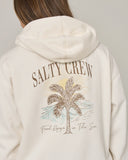 Salty Crew Womens Pretty Palm Hooded Zip in Off White cream close up view highlighting the premium soft cotton weave vintage washed fleece texture full-zip teeth borders and stitched brand clamp label, sold by Point Break Cambridge local family surf shop at 63 Duke street.