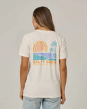 Salty Crew Womens Sushi Roll Boyfriend Tee in Off White cream back view showing the bold custom sushi roll marine graphic motif screen print layout and relaxed straight lower hemline drape, sold by Point Break Cambridge local family surf shop at 63 Duke street.