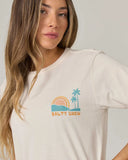Salty Crew Womens Sushi Roll Boyfriend Tee in Off White cream close up view highlighting the premium soft cotton weave fabric texture crisp graphic print borders and stitched brand clamp label, sold by Point Break Cambridge local family surf shop at 63 Duke street.