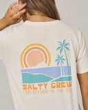 Salty Crew Womens Sushi Roll Boyfriend Tee in Off White cream close up view highlighting the premium soft cotton weave fabric texture crisp graphic print borders and stitched brand clamp label, sold by Point Break Cambridge local family surf shop at 63 Duke street.