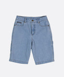 Front view of the light wash Santa Cruz denim shorts showcasing the classic utility cargo pocket and tool loop.