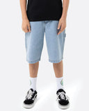 Front view of the Santa Cruz Classic Dot Carpenter denim shorts in light washed indigo showing the relaxed fit.