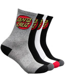 Santa Cruz Classic Dot Socks 4Pk Multi pack front view showing the variety of coloured crew socks and iconic red dot graphics, sold by Point Break Cambridge local family surf shop at 63 Duke street.