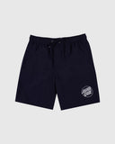Santa Cruz Opus Dot Cruzier Beach Short in Black front view showing the comfortable elastic waistband and printed Opus Dot leg graphic, sold by Point Break Cambridge local family surf shop at 63 Duke street.
