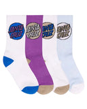 Santa Cruz Other Dot Crew Sock 4 Pk showing the four pairs in blue aura, white, and magenta with iconic dot logos, sold by Point Break Cambridge local family surf shop at 63 Duke street.