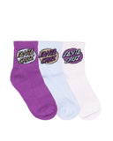 Santa Cruz Oval Dot Mid Sock 3 Pk showing the three pairs in magenta, white, and blue aura with custom oval dot logos, sold by Point Break Cambridge local family surf shop at 63 Duke street.