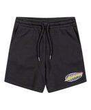 A pair of black Santa Cruz Global Flame Strip Track Shorts with a visible logo on the right leg. Front view of the black Santa Cruz Global Flame Strip Track Shorts showing the relaxed fit, elastic waistband, and side flame print.