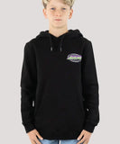 Front view of the black Santa Cruz Global Flame Dot Hoody showing the relaxed fit, kangaroo pouch, and chest logo.