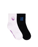 Santa Cruz Strange SC Strip Mid Sock 2Pk in White and Black front view showing the clean stripe details and custom brand knit graphics, sold by Point Break Cambridge local family surf shop at 63 Duke street.