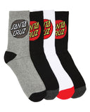 Santa Cruz Youth Classic Dot 4 Pack Socks in Multi front view showing the multipack alignment and red classic dot logo graphics, sold by Point Break Cambridge local family surf shop at 63 Duke street.