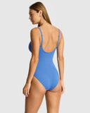 Sea Level Essentials Edit Cross Front Scoop Back One Piece swimsuit in Denim Blue back view showing the low scoop back cut, sold by Point Break Cambridge local family surf shop at 63 Duke street.