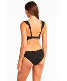 Back view of the Sea Level Essentials Regular Bikini Pant in Black, displaying the medium rear coverage and smooth fabric finish.