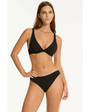 Woman wearing a black bikini on a white background Front view of the Sea Level Essentials Regular Cheeky Bikini Pant in Black, showcasing the clean mid-rise waistband layout.