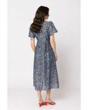 Seeking Lola Angel Dress in Choc Mistique back view showing the elegant relaxed drape premium patterned fabric alignment and clean structural bodice paneled tailoring with flatlock seam stitching, sold by Point Break Cambridge local family surf shop at 63 Duke street.