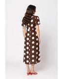 Seeking Lola Angel Dress in Coffee Spot back view showing the elegant relaxed drape premium patterned fabric alignment and clean structural bodice paneled tailoring with flatlock seam stitching, sold by Point Break Cambridge local family surf shop at 63 Duke street.