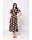 Seeking Lola Angel Dress in Coffee Spot front view showing the elegant relaxed midi length silhouette flattering tailored neckline and clean casual flowing lower polka dot print hemline profile, sold by Point Break Cambridge local family surf shop at 63 Duke street.