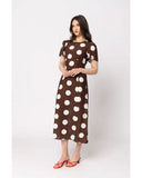 Seeking Lola Angel Dress in Coffee Spot side profile view highlighting the comfortable mid rise height clean outseam stitching paneling and functional deep fluid drape spotted design lines, sold by Point Break Cambridge local family surf shop at 63 Duke street.