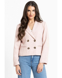 Seeking Lola Audrey Blazer in Marshmallow cream close up view highlighting the premium fabric texture stitching and button details, sold by Point Break Cambridge local family surf shop at 63 Duke street.