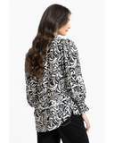 Back view of the Seeking Lola Remembered Top in Mono Whisper showcasing the back button keyhole closure.