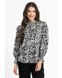 Close up detail of the premium mono whisper print fabric and fine stitching on the Seeking Lola blouse.