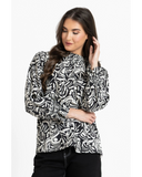Alternate view of the Seeking Lola Remembered Top in Mono Whisper detailing the long raglan sleeves and shirred cuffs.