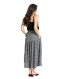 Seeking Lola Devine Maxi Skirt in Black Heart print back view showing the regular straight fall and full length coverage, sold by Point Break Cambridge local family surf shop at 63 Duke street.