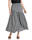 Seeking Lola Devine Maxi Skirt in Black Heart print close up view highlighting the premium lightweight fabric texture and detailed mini heart graphic pattern, sold by Point Break Cambridge local family surf shop at 63 Duke street.