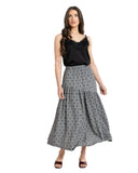 Seeking Lola Devine Maxi Skirt in Black Heart print front view showing the comfortable waistline and flowing long silhouette, sold by Point Break Cambridge local family surf shop at 63 Duke street.