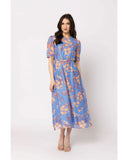 Seeking Lola Guest Dress in Sky Bouquet floral front view showing the elegant relaxed midi length silhouette flattering tailored neckline and clean casual flowing lower floral print hemline profile, sold by Point Break Cambridge local family surf shop at 63 Duke street.