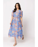 Seeking Lola Guest Dress in Sky Bouquet floral side profile view highlighting the comfortable mid rise height clean outseam stitching paneling and functional deep fluid drape bouquet design lines, sold by Point Break Cambridge local family surf shop at 63 Duke street.