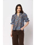 Seeking Lola Honest Top in Choc Mistique front view showing the elegant relaxed silhouette flattering tailored neckline and clean casual flowing lower chocolate pattern print hemline profile, sold by Point Break Cambridge local family surf shop at 63 Duke street.