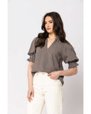 Seeking Lola Relaxed Butterfly Top in Coffee brown side profile view highlighting the comfortable regular length torso cut clean outseam stitching paneling and functional deep fluid drape sleeve lines, sold by Point Break Cambridge local family surf shop at 63 Duke street.