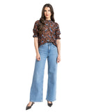 Seeking Lola SS Movement Blouse in Peacan Smudge brown abstract print front view showing the neckline and relaxed fit, sold by Point Break Cambridge local family surf shop at 63 Duke street.