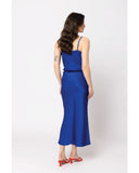 Seeking Lola Viva Skirt in Cobalt Satin blue back view showing the elegant relaxed drape premium vibrant satin fabric alignment and clean structural hip paneled tailoring with flatlock seam stitching, sold by Point Break Cambridge local family surf shop at 63 Duke street.