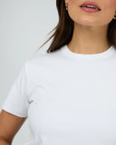 Close up detail of the premium soft white cotton jersey fabric weave, ribbed neckline stitching, and Silent Theory internal branding.