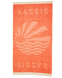 Sisstrevolution Aloha Sun Beach Towel in Coral front view fully laid out showing the retro sun graphic design and vibrant pink border, sold by Point Break Cambridge local family surf shop at 63 Duke street.