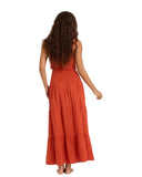 Sisstrevolution Makena Woven Skirt in Cayenne red back view showing the regular straight fall and premium continuous lightweight fabric drape, sold by Point Break Cambridge local family surf shop at 63 Duke street.