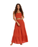 Sisstrevolution Makena Woven Skirt in Cayenne red front view showing the comfortable waistline and flowing fluid midi length silhouette, sold by Point Break Cambridge local family surf shop at 63 Duke street.